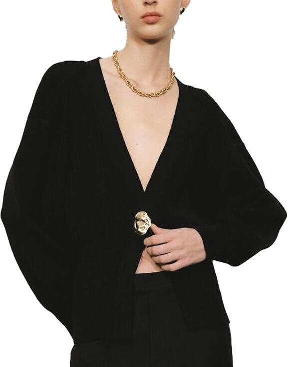 Urban Revivo Sweaters - Urban Revivo Cardigan Womens 6 Black V Neck Knitted Gold Button Long Sleeve